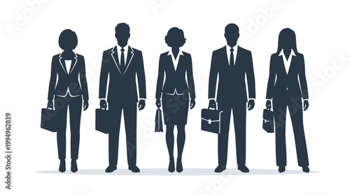 Business Professional Silhouettes Vector Collection on White Background Featuring Corporate Team Figures in Suits, Ties, Skirts, Pants, Holding Briefcases, Symbolizing Unity and Professionalism