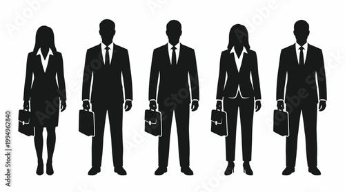 Business Professional Silhouettes Vector Collection on White Background Featuring Corporate Team Figures in Suits, Ties, Skirts, Pants, Holding Briefcases, Symbolizing Unity and Professionalism