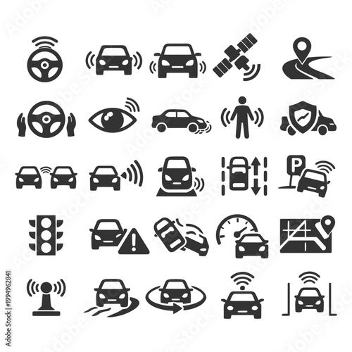 Autonomous vehicle icons set featuring gps, sensors, and trajectory tracking in black and white design.