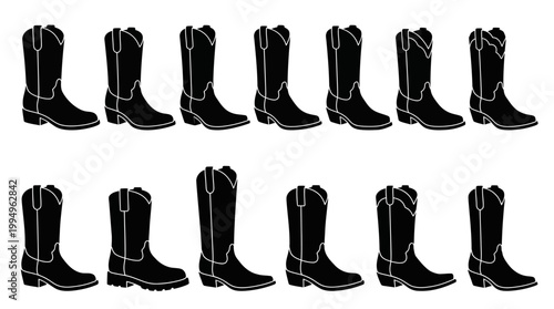 Cowboy Boot Silhouettes Vector Collection on White Background Featuring Western Footwear Styles, Ornate Shaft Designs, Decorative Stitching Patterns, Classic Toe and Heel Variations