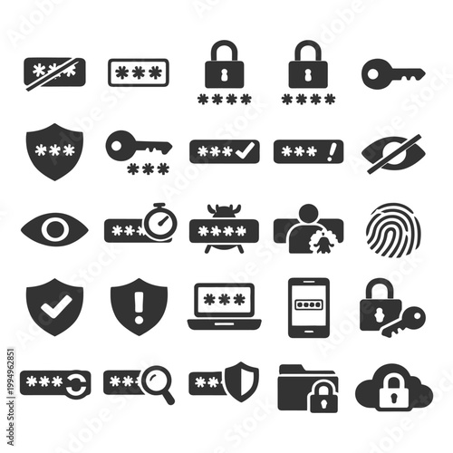 Security icons set: passwords, locks, keys, shields, and privacy symbols.