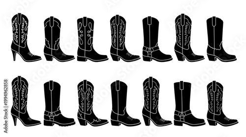 Cowboy Boot Silhouettes Vector Collection on White Background Featuring Western Footwear Styles, Ornate Shaft Designs, Decorative Stitching Patterns, Classic Toe and Heel Variations