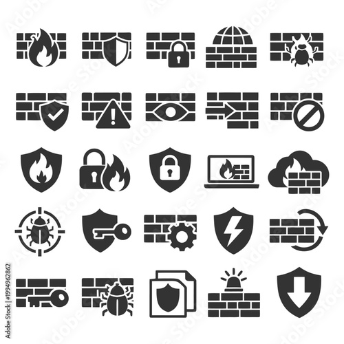Cybersecurity icons: firewall, protection, virus, encryption, safety symbols.