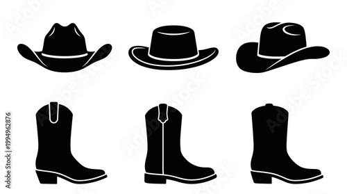 Cowboy Hats and Boots Silhouettes Vector Collection on White Background Featuring Western Headwear Styles and Classic Footwear Designs with Decorative Stitching Patterns