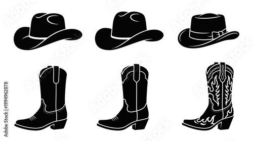 Cowboy Hats and Boots Silhouettes Vector Collection on White Background Featuring Western Headwear Styles and Classic Footwear Designs with Decorative Stitching Patterns