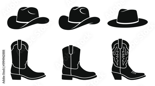 Cowboy Hats and Boots Silhouettes Vector Collection on White Background Featuring Western Headwear Styles and Classic Footwear Designs with Decorative Stitching Patterns