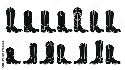 Cowboy Boot Silhouettes Vector Collection on White Background Featuring Western Footwear Styles, Ornate Shaft Designs, Decorative Stitching Patterns, Classic Toe and Heel Variations