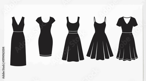 Dress Silhouettes Vector Collection on White Background Featuring V‑Neck, Short Sleeve, Square Neckline, Flared Skirt, Sleeveless Wide Skirt, Deep V‑Neck Styles