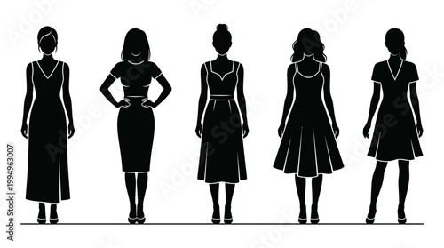 Dress Silhouettes Vector Collection on White Background Featuring V‑Neck, Short Sleeve, Square Neckline, Flared Skirt, Sleeveless Wide Skirt, Deep V‑Neck Styles