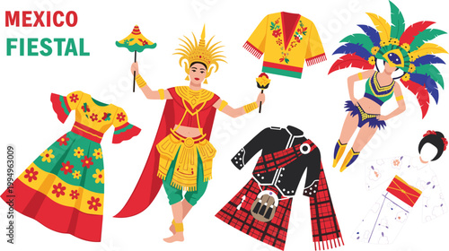 Set of traditional global costumes including Mexican fiesta dress Scottish kilt Japanese kimono Brazilian samba outfit and Thai dancer attire for cultural diversity projects.