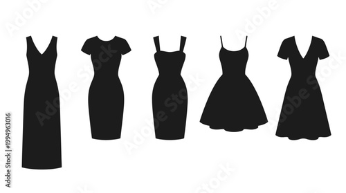 Dress Silhouettes Vector Collection on White Background Featuring V‑Neck, Short Sleeve, Square Neckline, Flared Skirt, Sleeveless Wide Skirt, Deep V‑Neck Styles