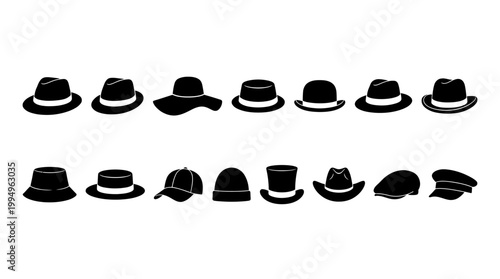 Hat Silhouettes Vector Collection on White Background Featuring Fedora, Trilby, Top Hat, Bowler, Pork Pie, Homburg, Cowboy Hat, Baseball Cap, Bucket Hat, Beret