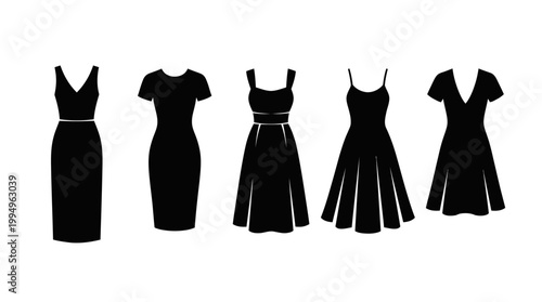 Dress Silhouettes Vector Collection on White Background Featuring V‑Neck, Short Sleeve, Square Neckline, Flared Skirt, Sleeveless Wide Skirt, Deep V‑Neck Styles