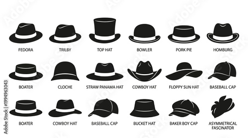 Hat Silhouettes Vector Collection on White Background Featuring Fedora, Trilby, Top Hat, Bowler, Pork Pie, Homburg, Cowboy Hat, Baseball Cap, Bucket Hat, Beret
