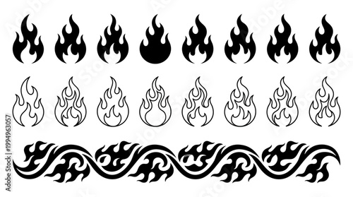 Stylized Flame Icons Vector Collection on White Background Featuring Solid Flames, Outlined Fire Symbols, Decorative Border Flame Pattern, Tattoo Motifs, Graphic Design Elements