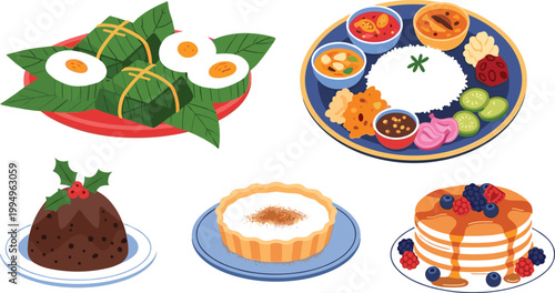Set of vector illustrations depicting various global food dishes including Asian rice dumplings, Indian platter, festive pudding, custard tart, and pancakes for culinary design concepts.