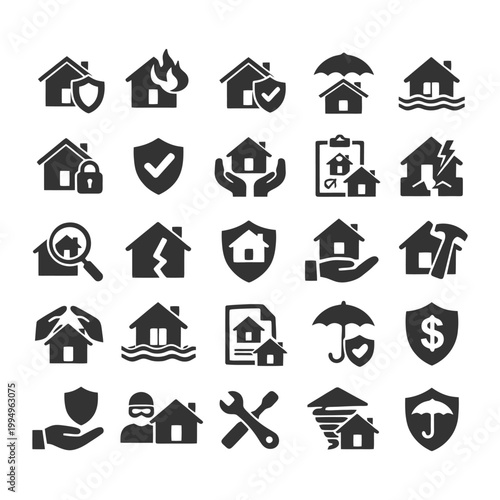 Home insurance icons set for protection, safety, and security concepts.
