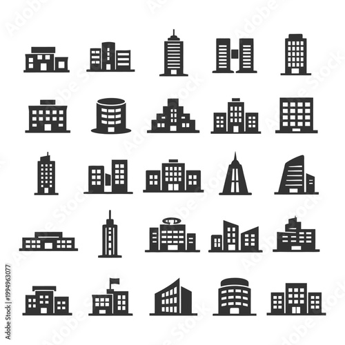 Collection of various modern building silhouettes in vector style.