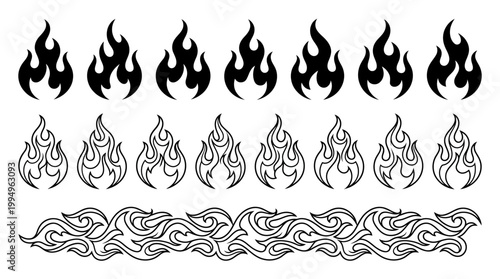Stylized Flame Icons Vector Collection on White Background Featuring Solid Flames, Outlined Fire Symbols, Decorative Border Flame Pattern, Tattoo Motifs, Graphic Design Elements