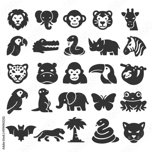 Silhouette icons of wild animals: lions, elephants, monkeys, parrots, tigers, reptiles.