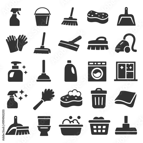 Collection of household cleaning icons featuring tools and equipment.