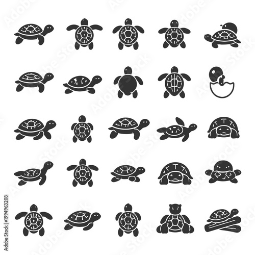 Set of 25 turtle icons in various styles with hatchling.