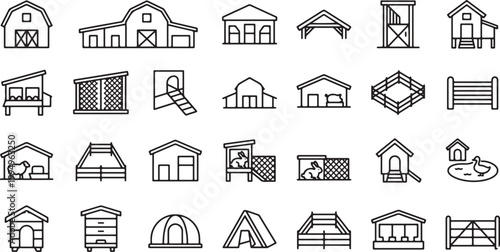 Farm buildings barn animal shelter stable coop greenhouse warehouse fence rural agriculture structure outline vector icon set livestock housing collection
