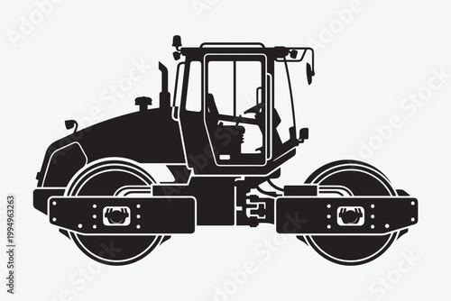 Vector silhouette of a heavy road roller compactor isolated on white background
