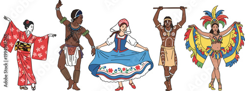 Set of global traditional dancers including Japanese kimono performer African tribal dancer European folk dress Aboriginal warrior and Brazilian samba carnival dancer for cultural diversity.