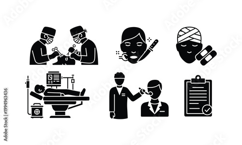 Medical professionals and patient care icons set