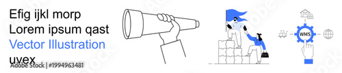 Business strategy, teamwork, planning, vision, progress, problem-solving. A person with a telescope, team building blocks gears growth. Business strategy and teamwork concept