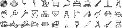 Farm tools agriculture equipment gardening harvesting hand tools rural farming outline vector icon set cultivation instruments collection