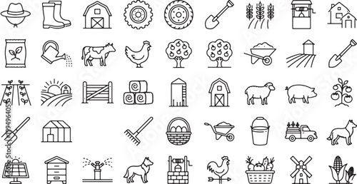 Farming agriculture and countryside rural life line outline vector icon set featuring animals crops tools and farm buildings