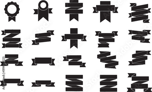 Collection of various black ribbon banners and badges on transparent background vector elements.