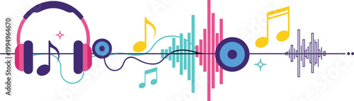 Music waveform with headphones and notes illustration, audio sound visualization concept in colorful modern flat vector style design for media and entertainment