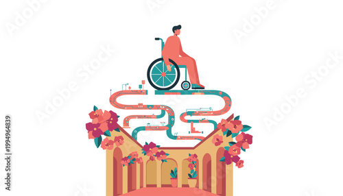 Flat Illustration of a Man in a Wheelchair Navigating a Complex Path for Accessibility Concept