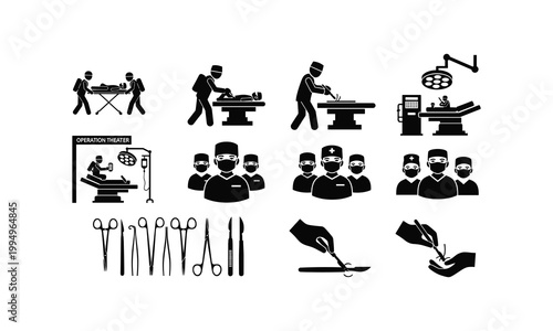 Medical team operating in hospital theater icons