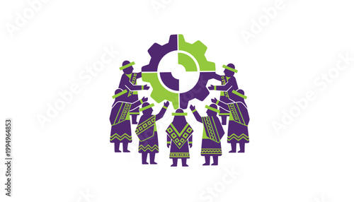 Indigenous Community Teamwork and Industrial Progress Vector Illustration