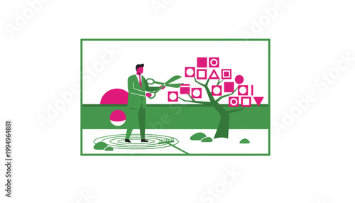 Businessman Pruning Tree of Geometric Shapes Illustration - Business Growth and Strategic Management Concept