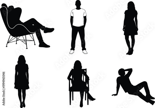 people silhouettes sitting standing relaxing chair poses lifestyle casual male female isolated illustration set