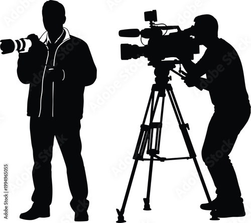 Silhouette, cameraman, photographer, video, camera, tripod, telephoto, lens, shooting, professional, studio, black, white, people, set
