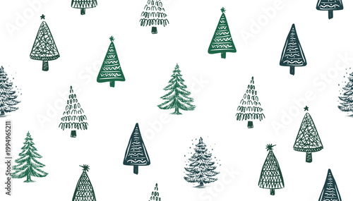 Christmas tree pattern on white, hand drawn illustration	
