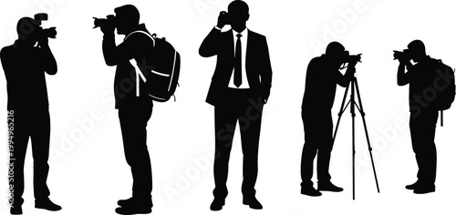 silhouette, photographers, camera, shooting, professional, paparazzi, people, standing, photography, equipment, creative, media, black, white, set