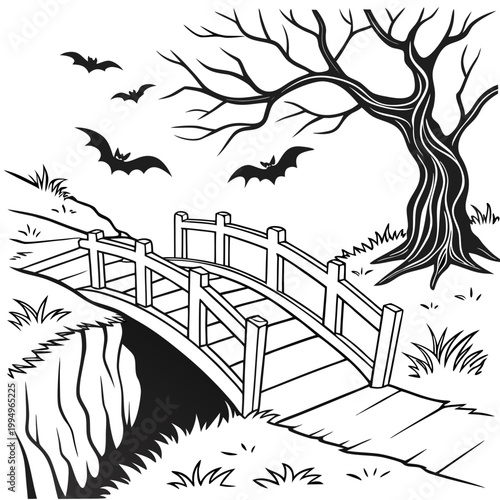 Bridge to the Hollow of Doom black and white coloring page of vector illustration