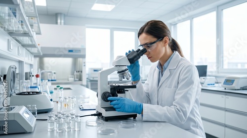 Drug development scientist using microscope in advanced pharmaceutical laboratory