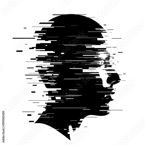 A distorted digital illustration of a man's head in black silhouette