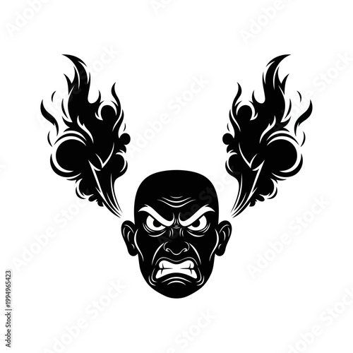 A black and white illustration of an angry man's face with flames