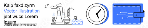 Industrialization, time management, digital payment, online security, financial technology, cryptocurrency. A factory with pipes, a clock icon and a digital wallet graphic. Industrialization