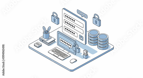 Isometric Cybersecurity Illustration of Secure Data Protection and Password Management on a Desktop Workspace
