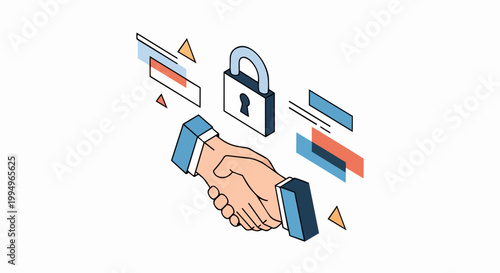 Isometric Illustration of Secure Business Handshake with Padlock for Cybersecurity, Trust, and Data Protection Concept